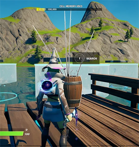 standing in front of a fishing rod barrel to press E and search the barrel