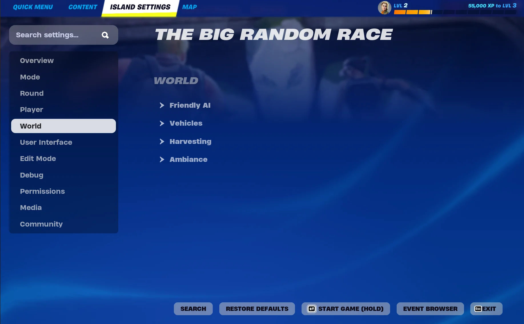 Find the World category under Island Settings.